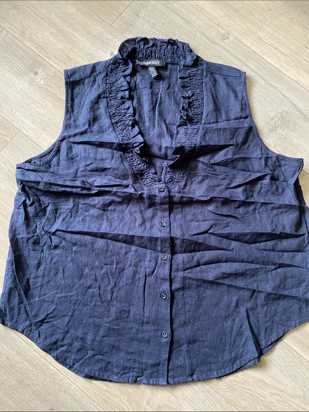 Ellen Tracy Navy Ruffle V-Neck Sleeveless Button-Front Blouse